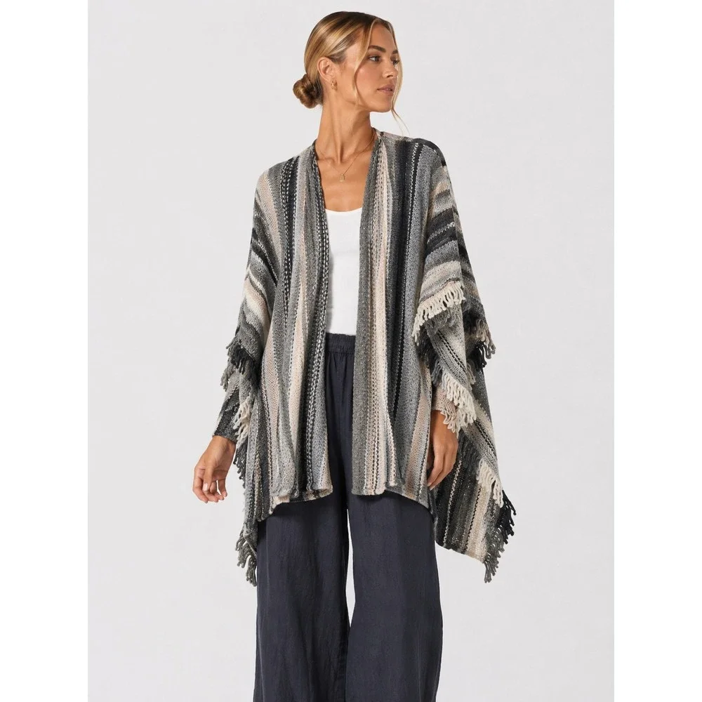 E.D. Italia Wool Blend Fringe Knit Poncho Wrap Gray Striped Made in Italy OS